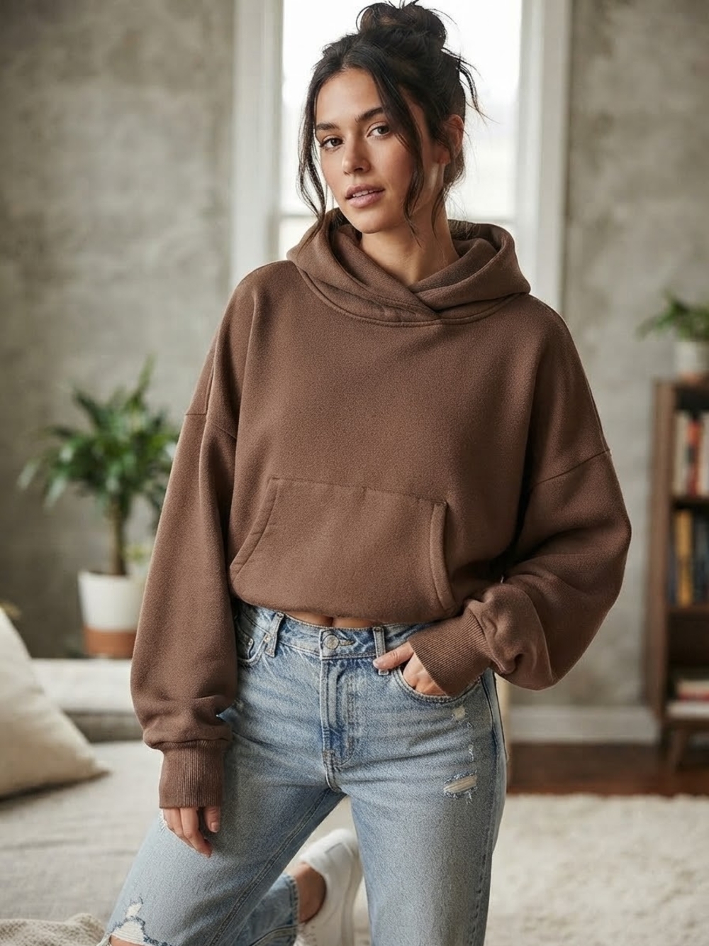 Cropped Brown Hooded Pullover Sweatshirt